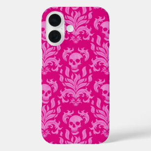 Skull Flame Damask in glitter-effect pink on pink iPhone 16 Case