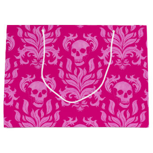 Skull Flame Damask in glitter-effect pink on pink Large Gift Bag