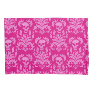 Skull Flame Damask in glitter-effect pink on pink Pillowcase