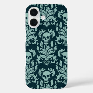 Skull Flame Damask in mint green on deep blue iPhone 16 Case