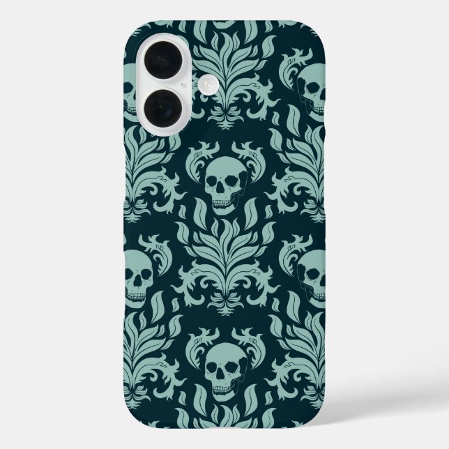 Skull Flame Damask in mint green on deep blue Case-Mate iPhone Case (Back)