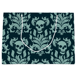 Skull Flame Damask in mint green on deep blue Large Gift Bag