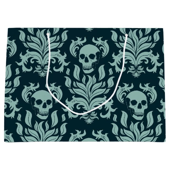 Skull Flame Damask in mint green on deep blue Large Gift Bag (Front)