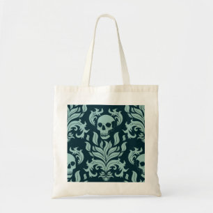 Skull Flame Damask in mint green on deep blue Tote Bag