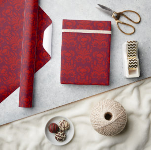 Skull Flame Damask in moody red on red Wrapping Paper