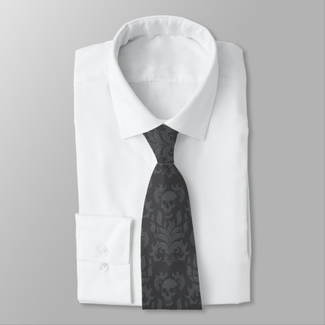 Skull Flame Damask in moody shades of grey Tie (Tied)