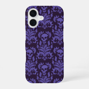 Skull Flame Damask in moody shades of purple iPhone 16 Case