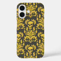 Skull Flame Damask in moody yellow on dark grey