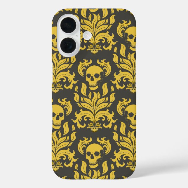 Skull Flame Damask in moody yellow on dark grey Case-Mate iPhone Case (Back)