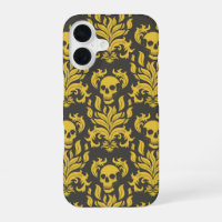 Skull Flame Damask in moody yellow on dark grey
