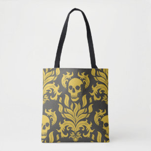 Skull Flame Damask in moody yellow on dark grey Tote Bag