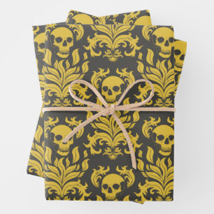 Skull Flame Damask in moody yellow on dark grey Wrapping Paper Sheet