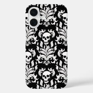 Skull Flame Damask in stark white on black iPhone 16 Case