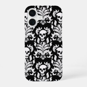Skull Flame Damask in stark white on black iPhone 16 Case