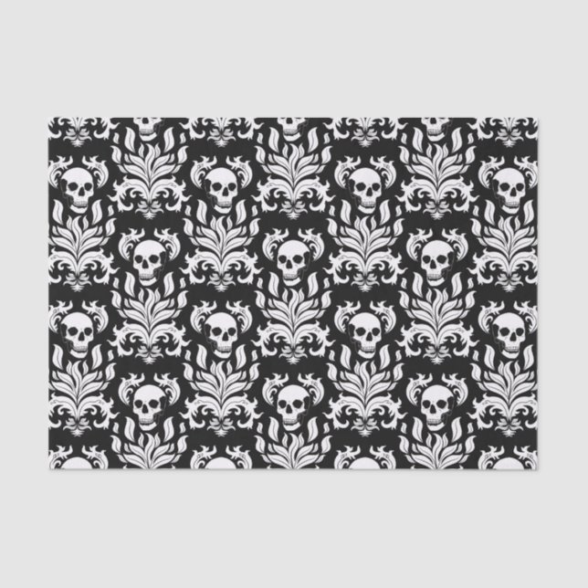 Skull Flame Damask in stark white on black Tissue Paper (Front)