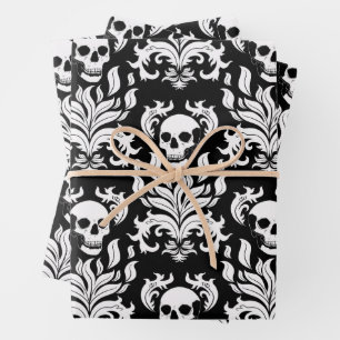 Skull Flame Damask in stark white on black Wrapping Paper Sheet
