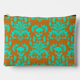 Skull Flame Damask in toxic green on orange Accessory Pouch