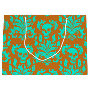 Skull Flame Damask in toxic green on orange Large Gift Bag