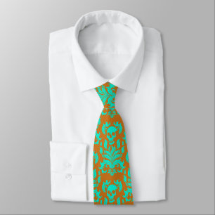 Skull Flame Damask in toxic green on orange Tie