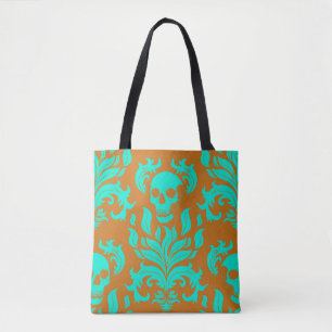 Skull Flame Damask in toxic green on orange Tote Bag