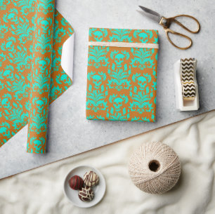 Skull Flame Damask in toxic green on orange Wrapping Paper