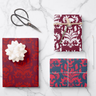 Skull Flame Damask reds collection Wrapping Paper Sheet