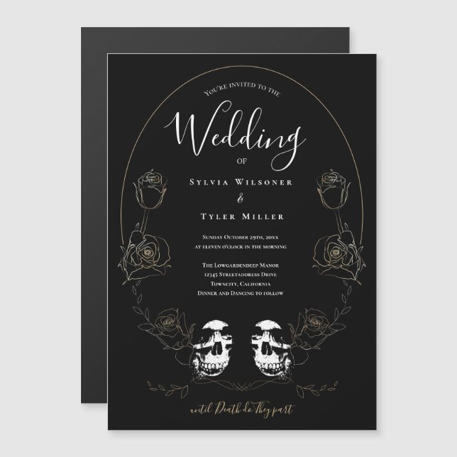 Skull Floral Black Gothic Wedding Magnetic Invitation (Front/Back)