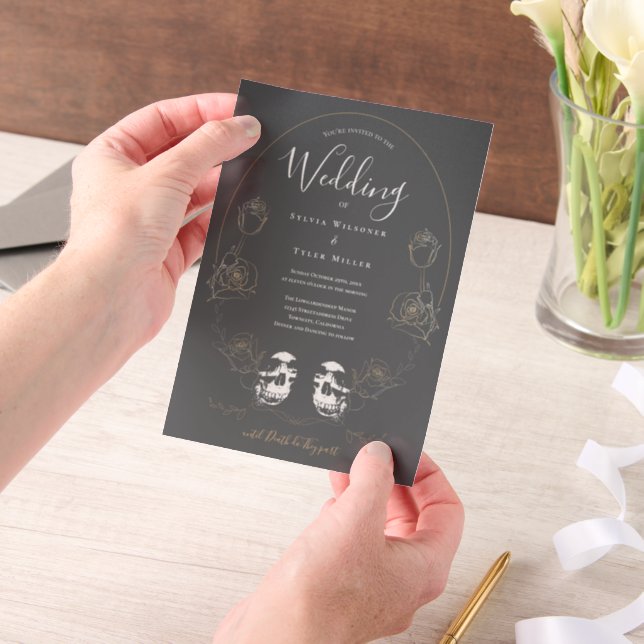 Skull Floral Black Gothic Wedding Vellum Invitations (Handheld)