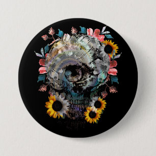 SKULL FLORAL FLOWERS 7.5 CM ROUND BADGE