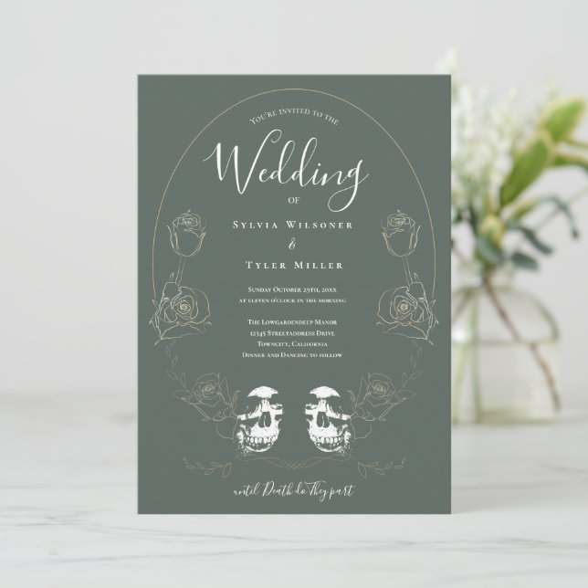 Skull Floral Green Gothic Wedding Invitation (Standing Front)