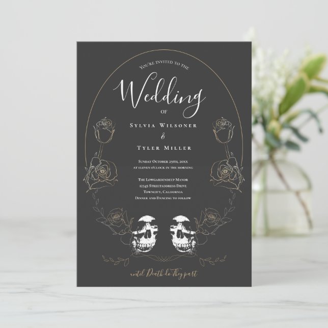 Skull Floral Grey Gothic Wedding  Invitation (Standing Front)