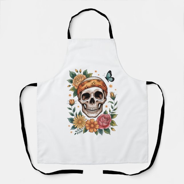 Skull Floral Halloween Spooky Apron (Front)