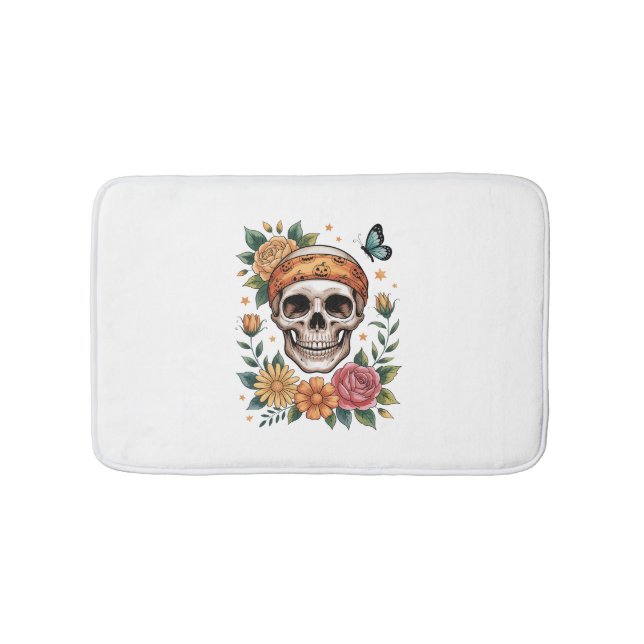 Skull Floral Halloween Spooky Bath Mat (Front)