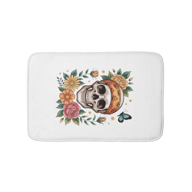 Skull Floral Halloween Spooky Bath Mat (Front)