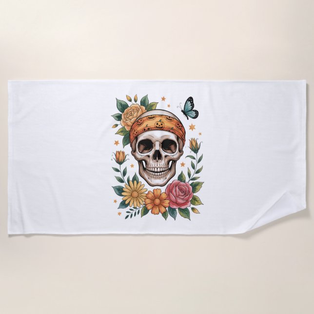 Skull Floral Halloween Spooky Beach Towel (Front)