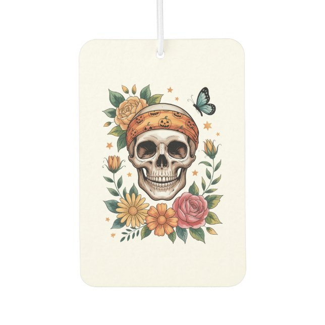 Skull Floral Halloween Spooky Car Air Freshener (Front)
