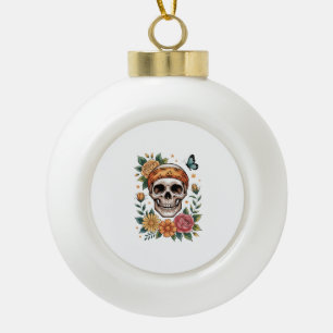 Skull Floral Halloween Spooky Ceramic Ball Christmas Ornament