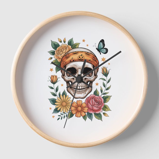 Skull Floral Halloween Spooky Clock (Front)