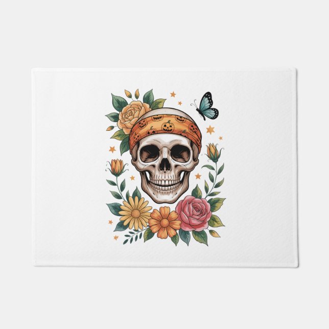 Skull Floral Halloween Spooky Doormat (Front)