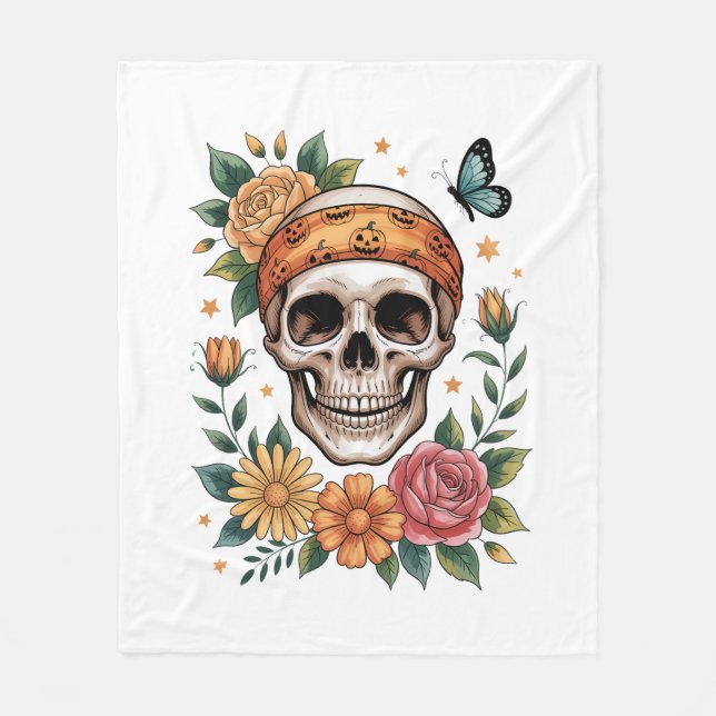 Skull Floral Halloween Spooky Fleece Blanket (Front)