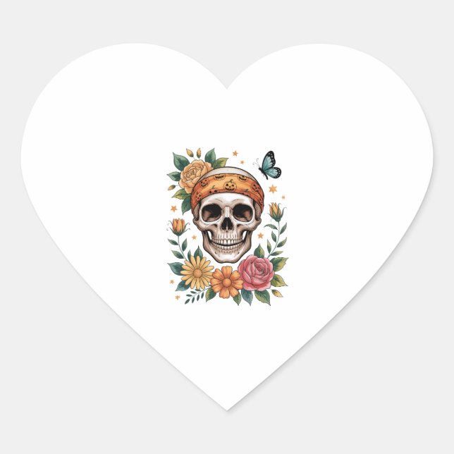 Skull Floral Halloween Spooky Heart Sticker (Front)
