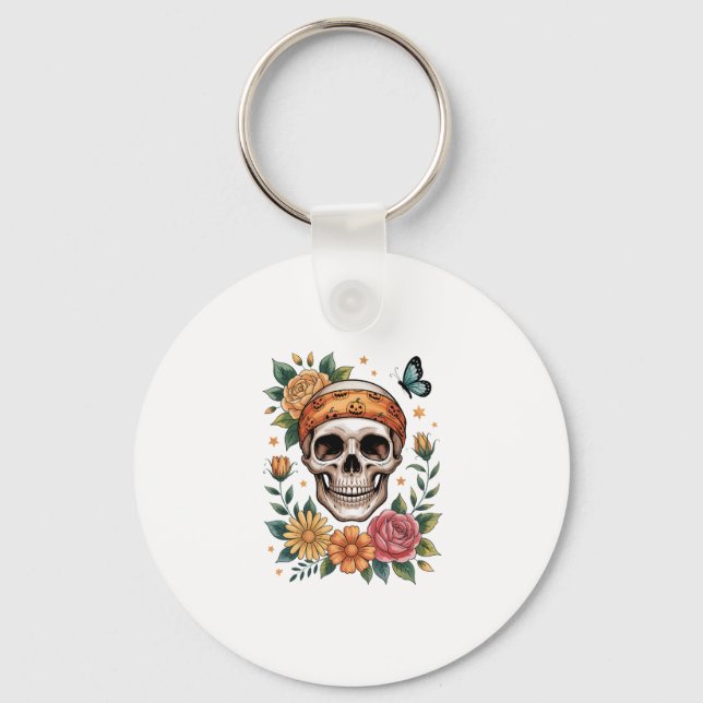 Skull Floral Halloween Spooky Key Ring (Front)