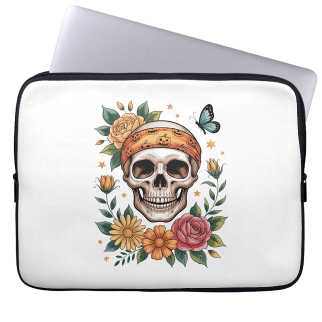Skull Floral Halloween Spooky Laptop Sleeve (Front)