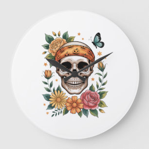 Skull Floral Halloween Spooky Large Clock