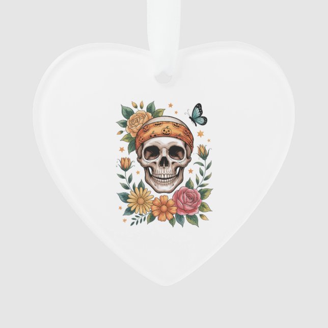 Skull Floral Halloween Spooky Ornament (Front)