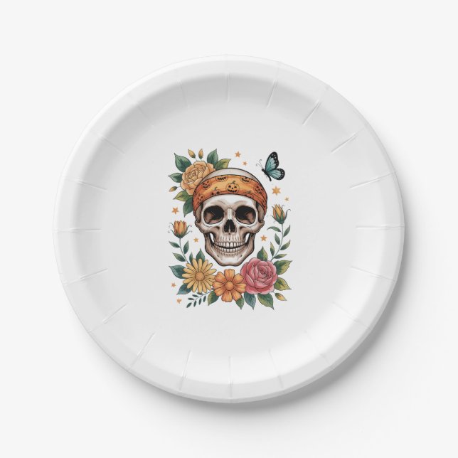 Skull Floral Halloween Spooky Paper Plate (Front)