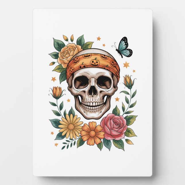 Skull Floral Halloween Spooky Plaque (Front)