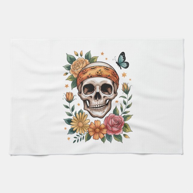 Skull Floral Halloween Spooky Tea Towel (Horizontal)