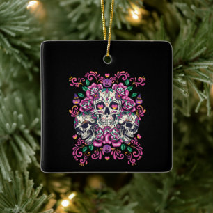 Skull floral, skeleton watercolor pink ,Halloween. Ceramic Ornament