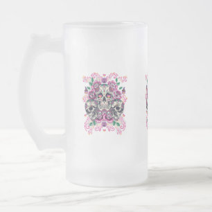 Skull floral, skeleton watercolor pink ,Halloween. Frosted Glass Beer Mug